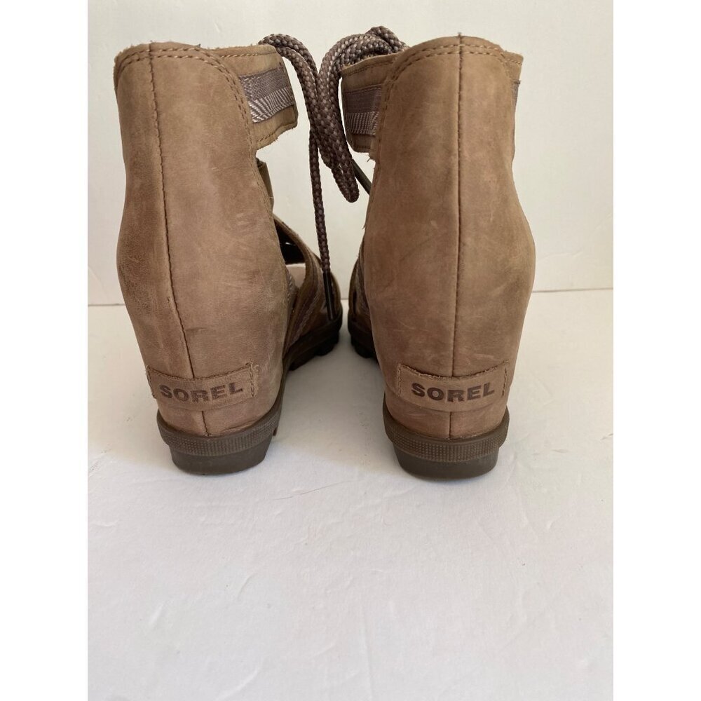 Sorel Joanie ll Lace Webbing Ash Brown Open Toe Cut Out Wedge Heel Sandal 8 - Picture 4 of 7